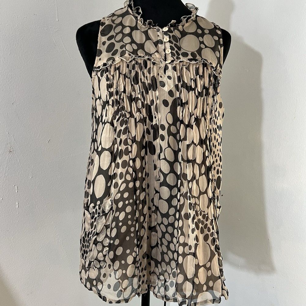 Marina Luna Silk Polka Dot Sleeveless Tunic Top Black Cream Ruffle Pocket Medium